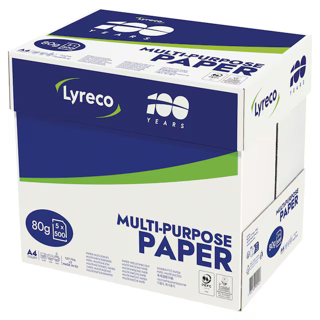 Lyreco White A4 Paper 80gsm - Box of 5 Reams (5 X 500 Sheets of Paper